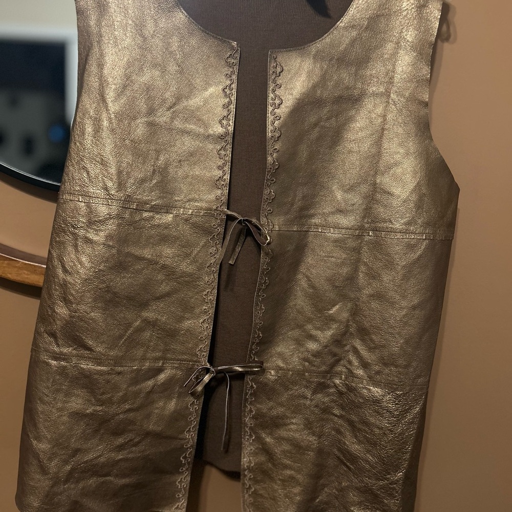 JH Collectibles Leather& Knit Western Brown  Vest  Boho Aztec Tie Front Sz XL